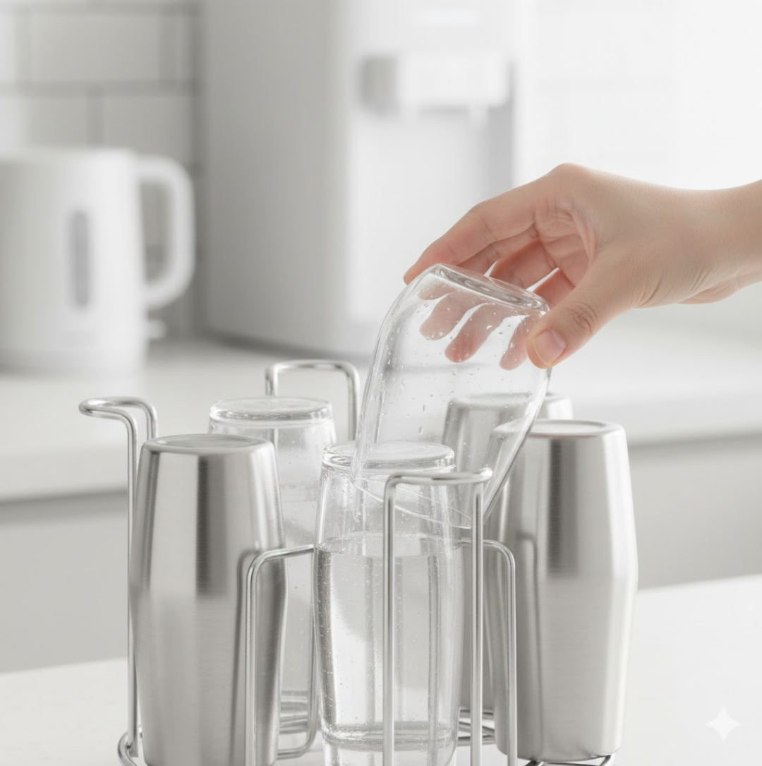 Storenzo Stainless Steel Glass Stand displayed with multiple glasses.