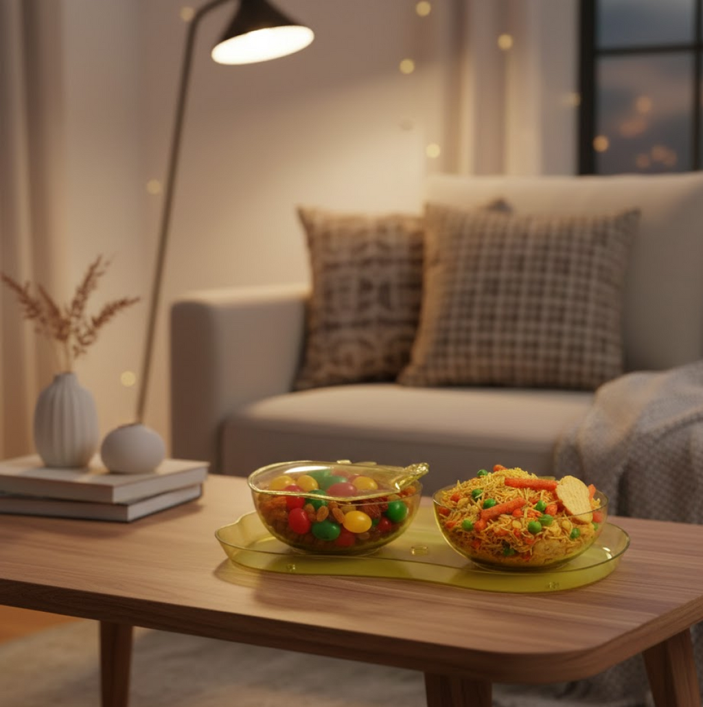 Side profile of the empty apple-shaped plastic tray.