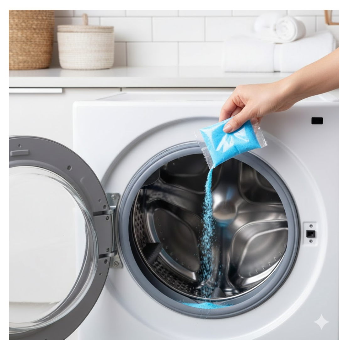 Diagram showing simple steps to use the washing machine cleaner.