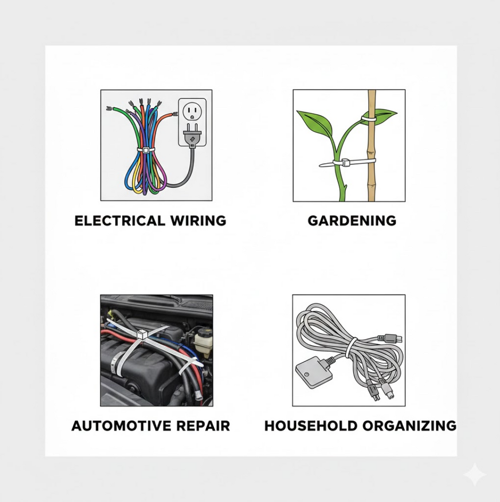 Black nylon cable ties effectively organizing a cluster of electrical wires.