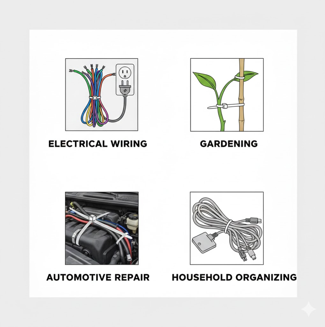 Black nylon cable ties effectively organizing a cluster of electrical wires.