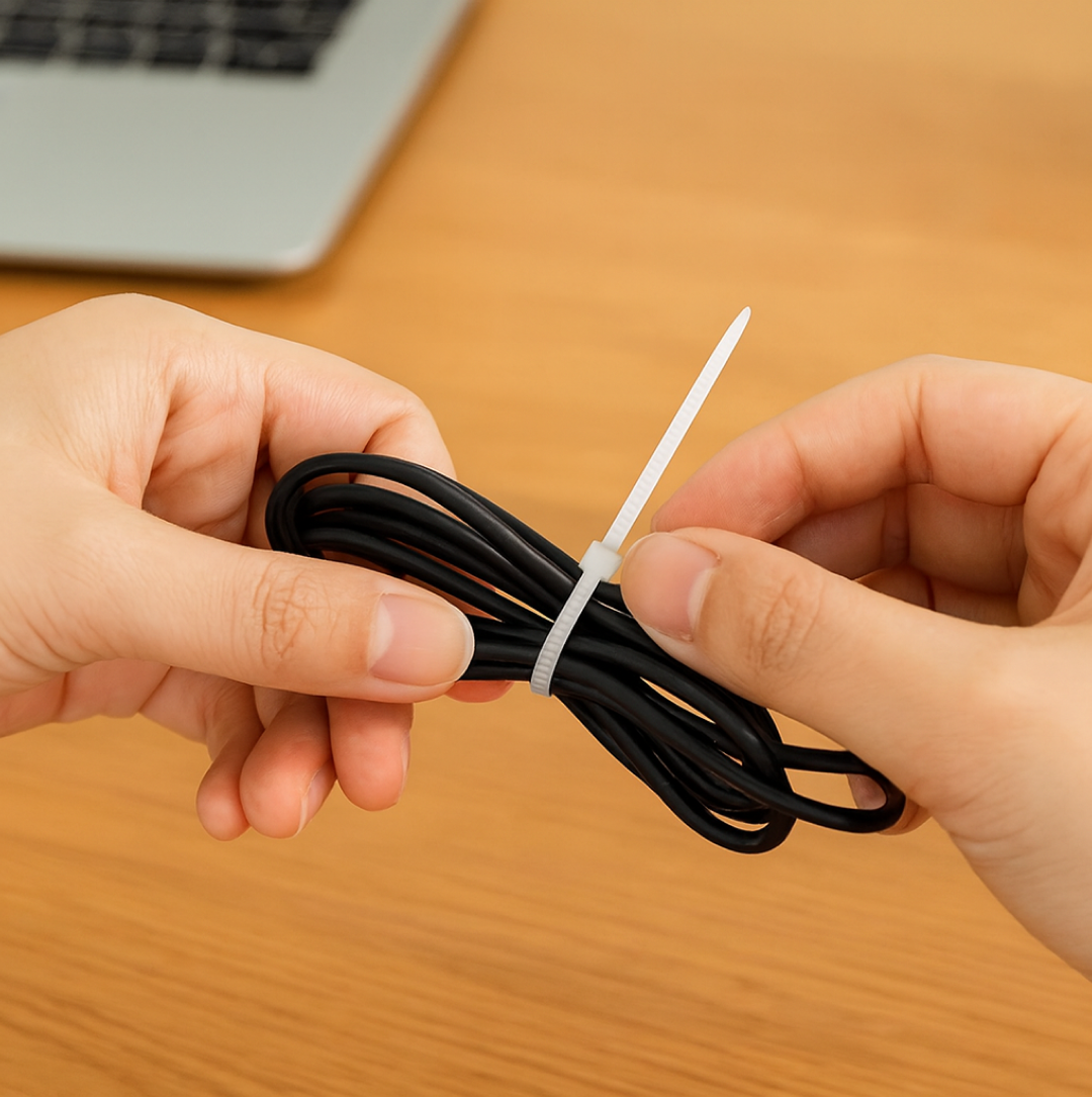 Close-up of a black nylon zip tie, highlighting its secure self-locking mechanism.