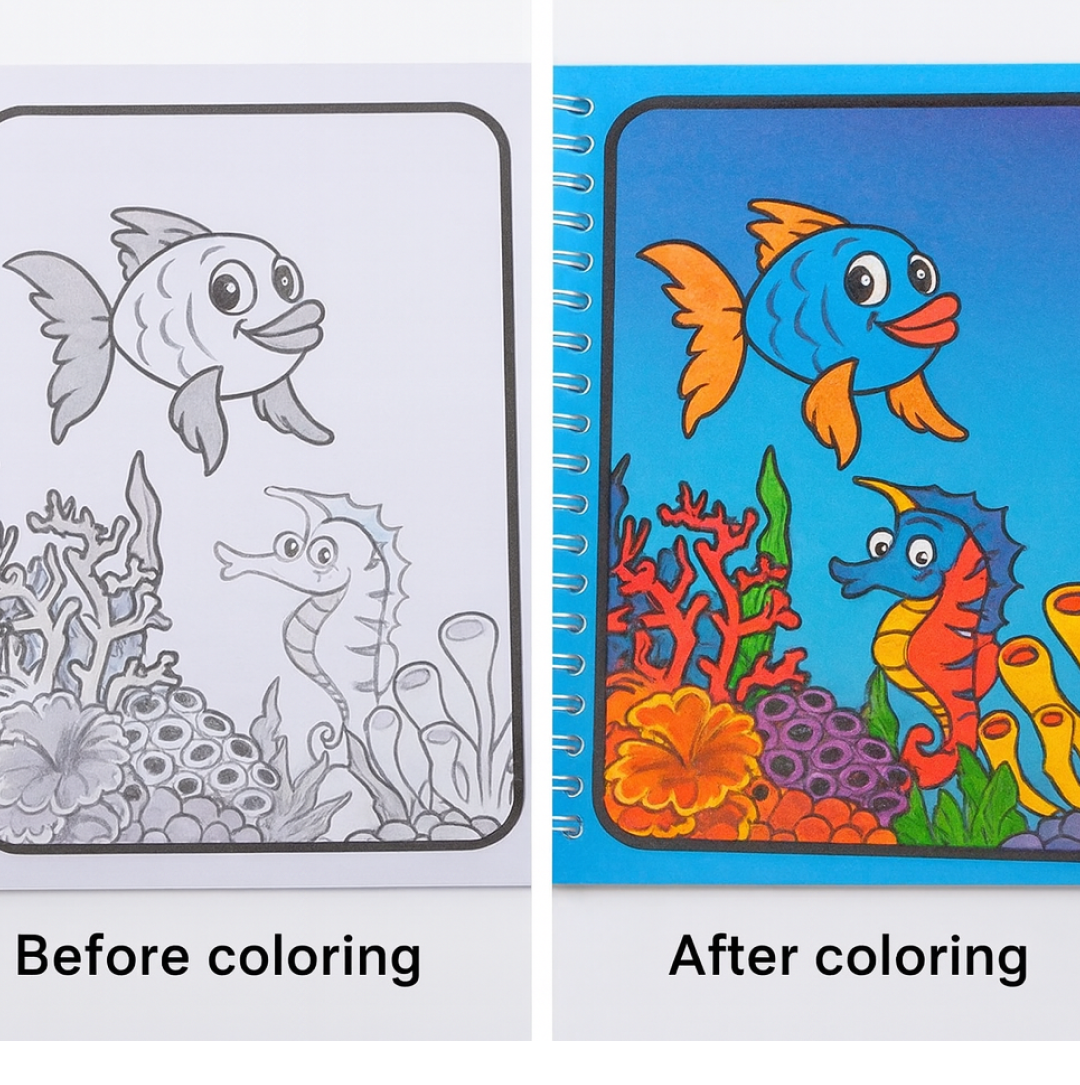 Detailed view of the Magic Water Coloring Book and its unique water-activated pages.