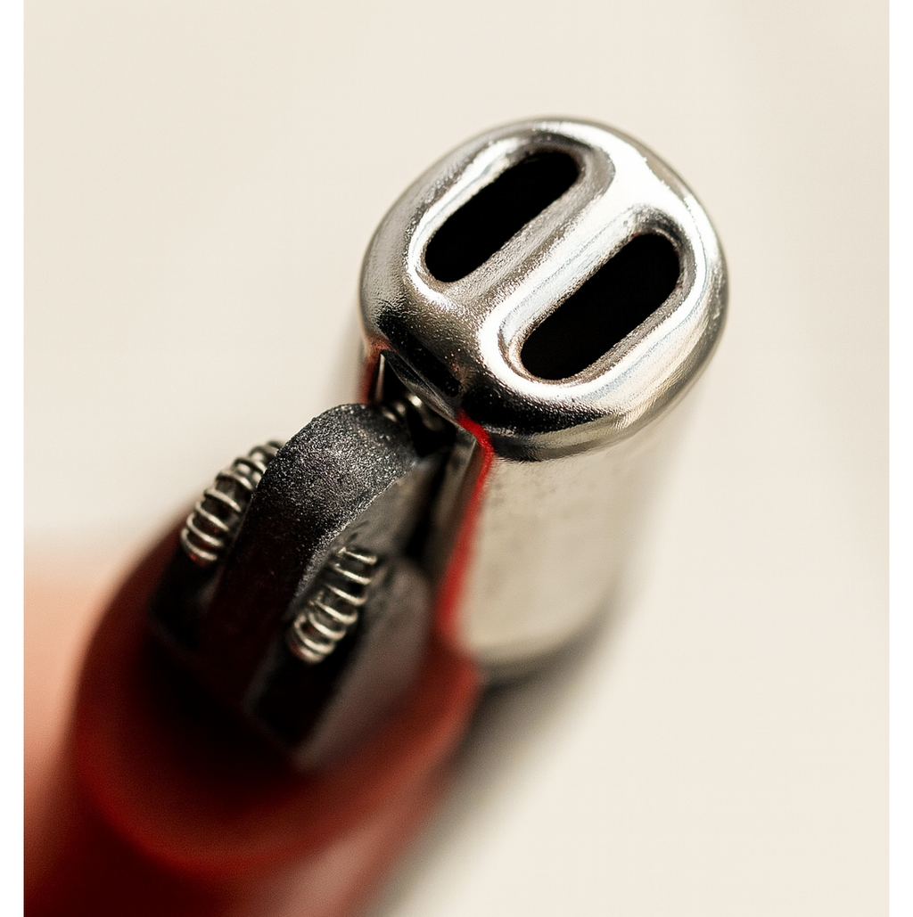 Detailed technical drawing highlighting the design of the stainless steel gas lighter.