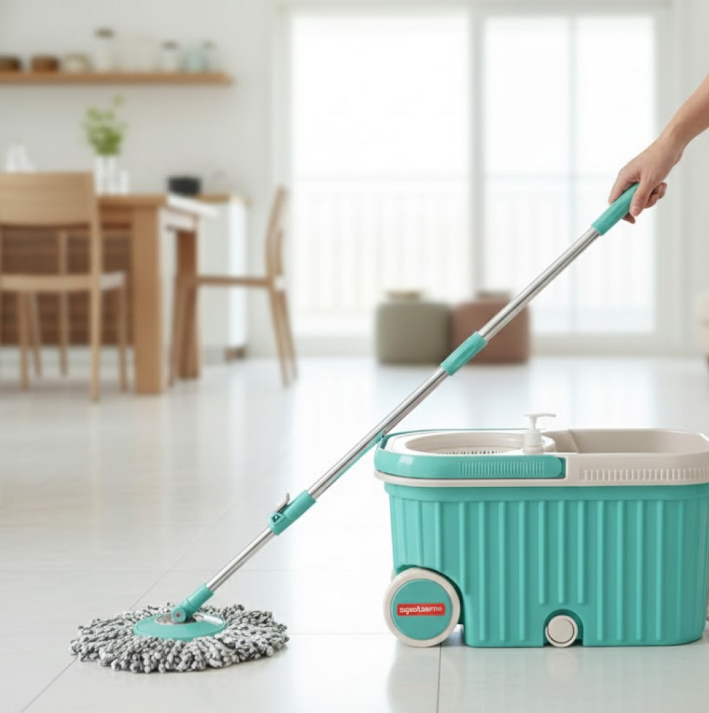 Close-up of the Ganesh spin mop bucket with bigger wheels for easy mobility.