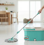 Close-up of the Ganesh spin mop bucket with bigger wheels for easy mobility.