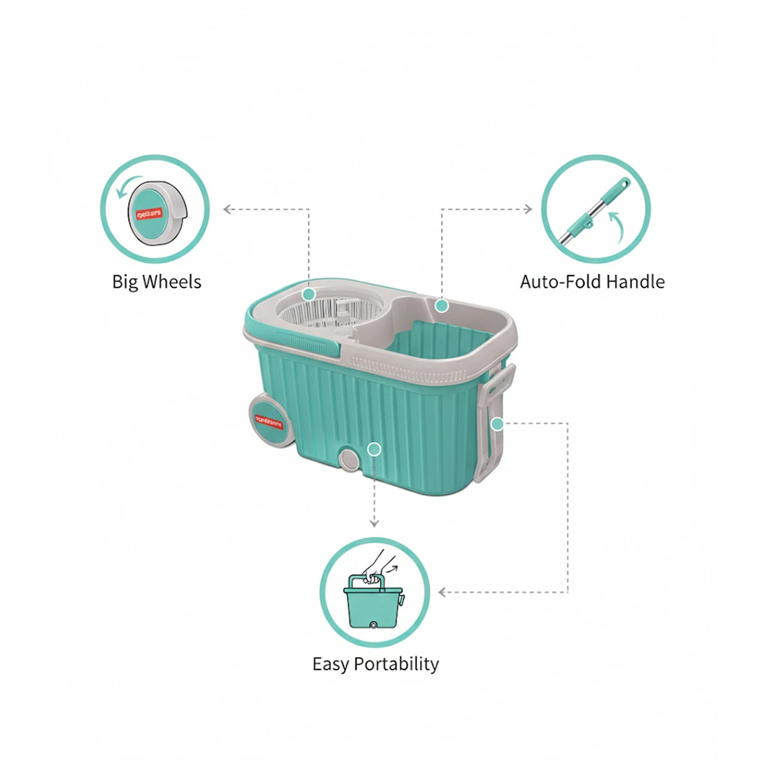 Adjustable, extendable handle of the Ganesh 360 Spin Mop for ergonomic cleaning.