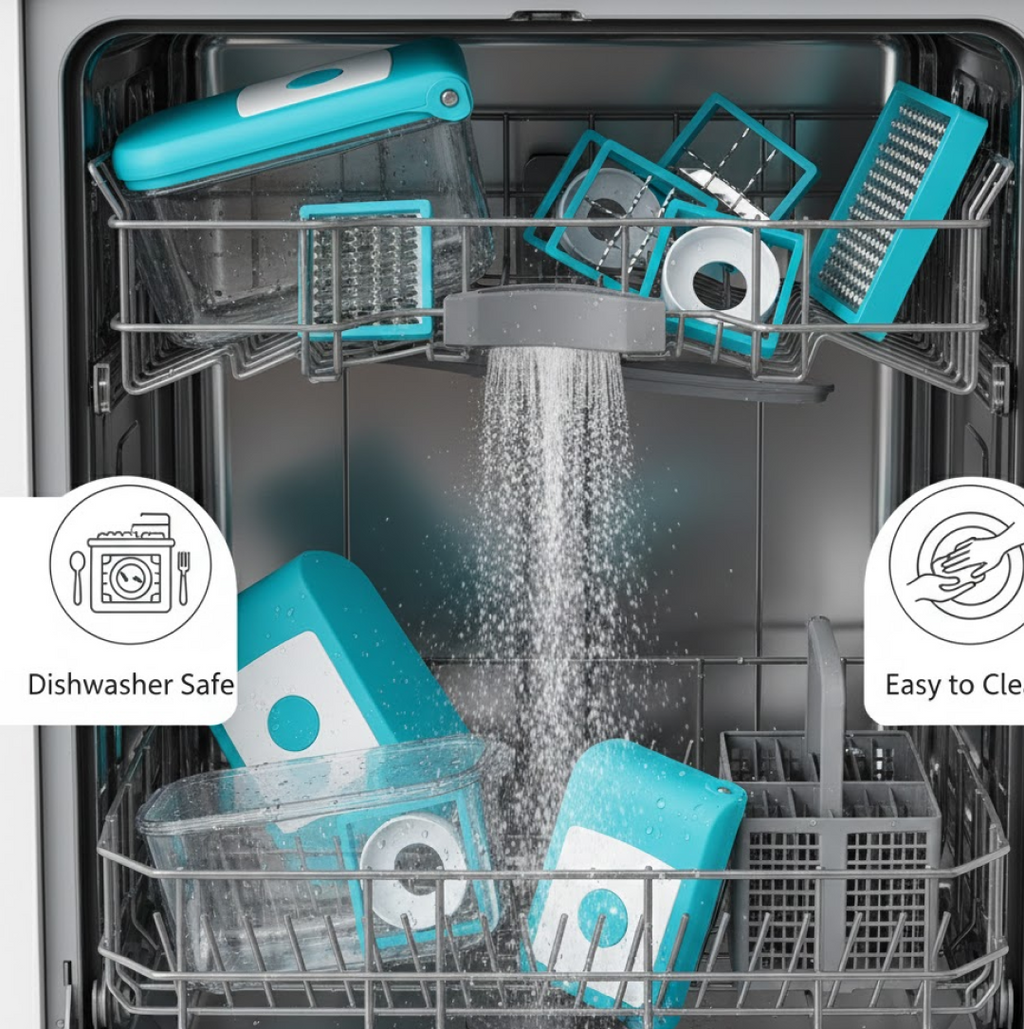 The assembled blue Ganesh 7-in-1 vegetable dicer being used to chop vegetables.