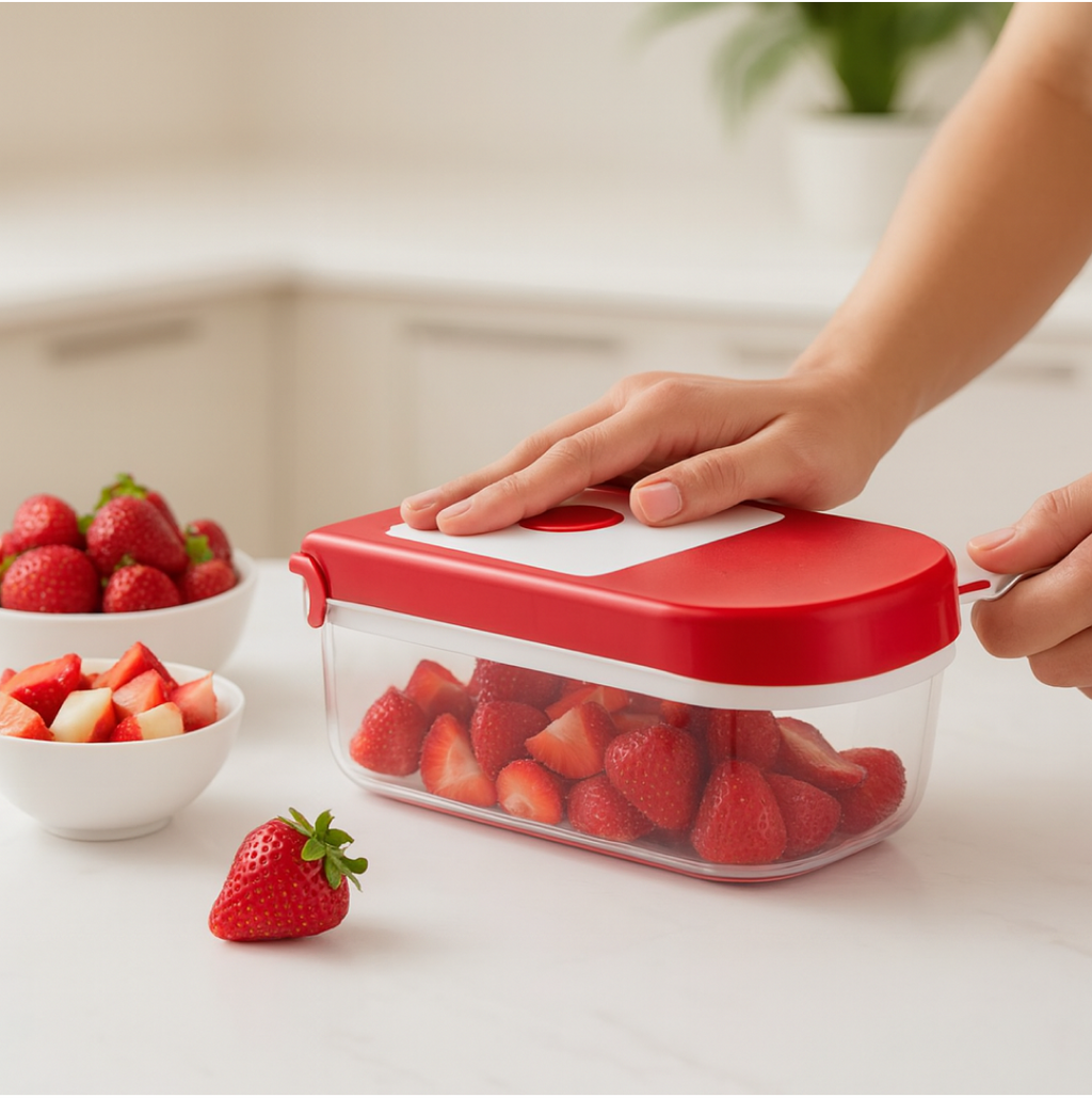 Side profile of the Ganesh plastic chopper, showing its sturdy base and container.