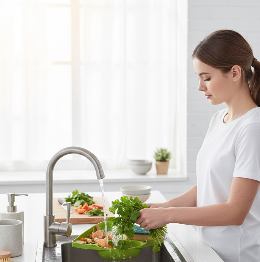 Innovative triangular design of the Corner Sink Strainer, perfect for maximizing corner space.