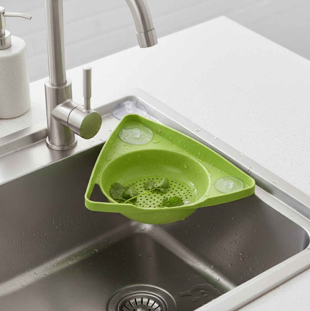 Corner Sink Strainer securely mounted in a wash basin with a strong suction cup.
