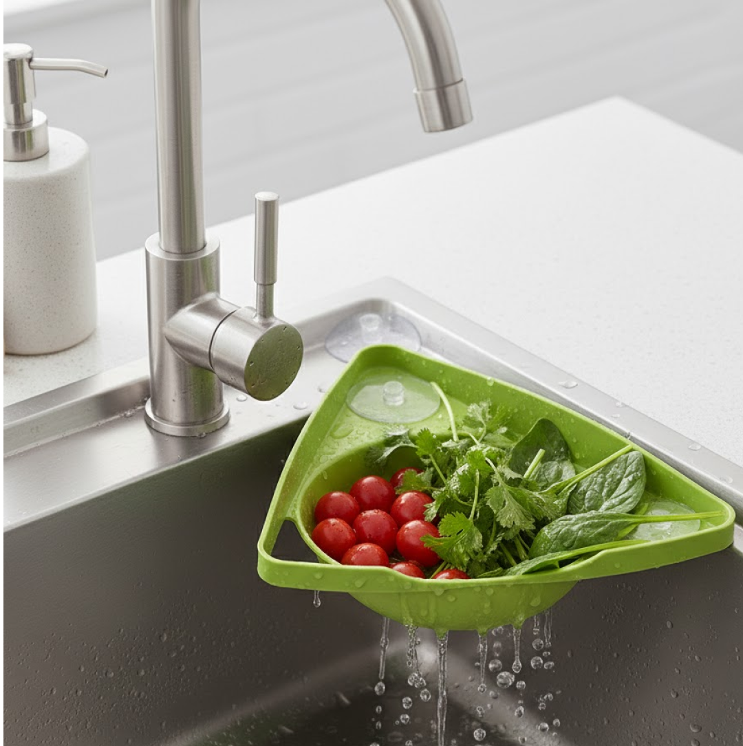 Kitchen sponge and scrubber drying efficiently in the Corner Sink Strainer.