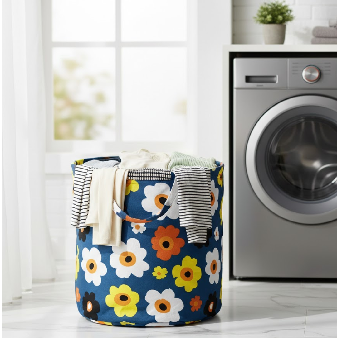 Collapsible canvas laundry bag standing upright, used for toy storage in a modern living room.