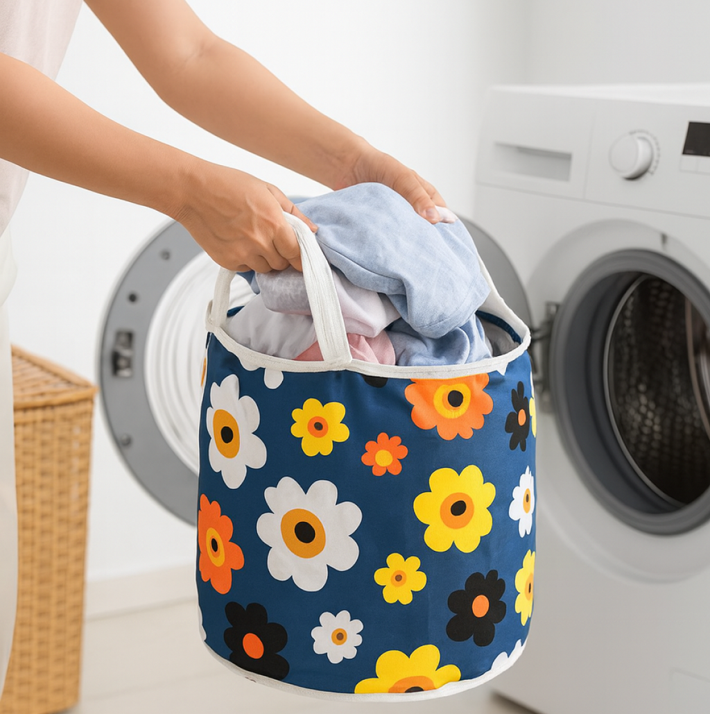 Ergonomic handles on a large canvas laundry bag, ready for transport.