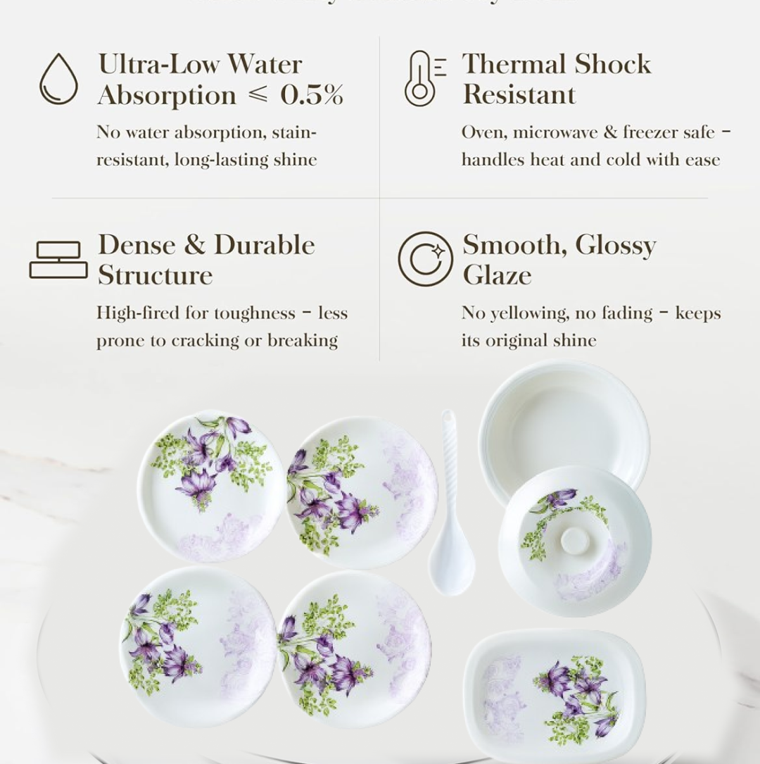 Hygienic 32-piece plastic dinner set, ideal for serving family meals.