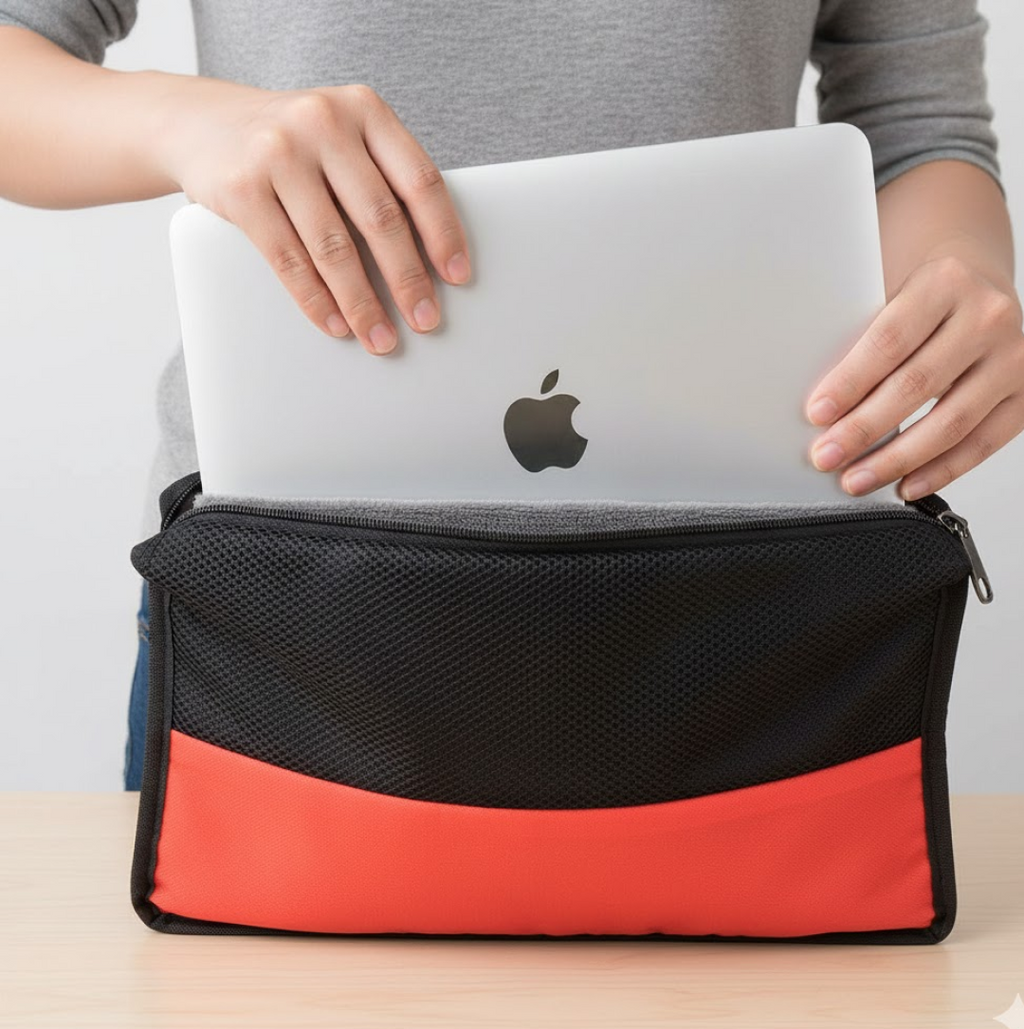 Inside view of the laptop sleeve, demonstrating its soft lining for scratch prevention.