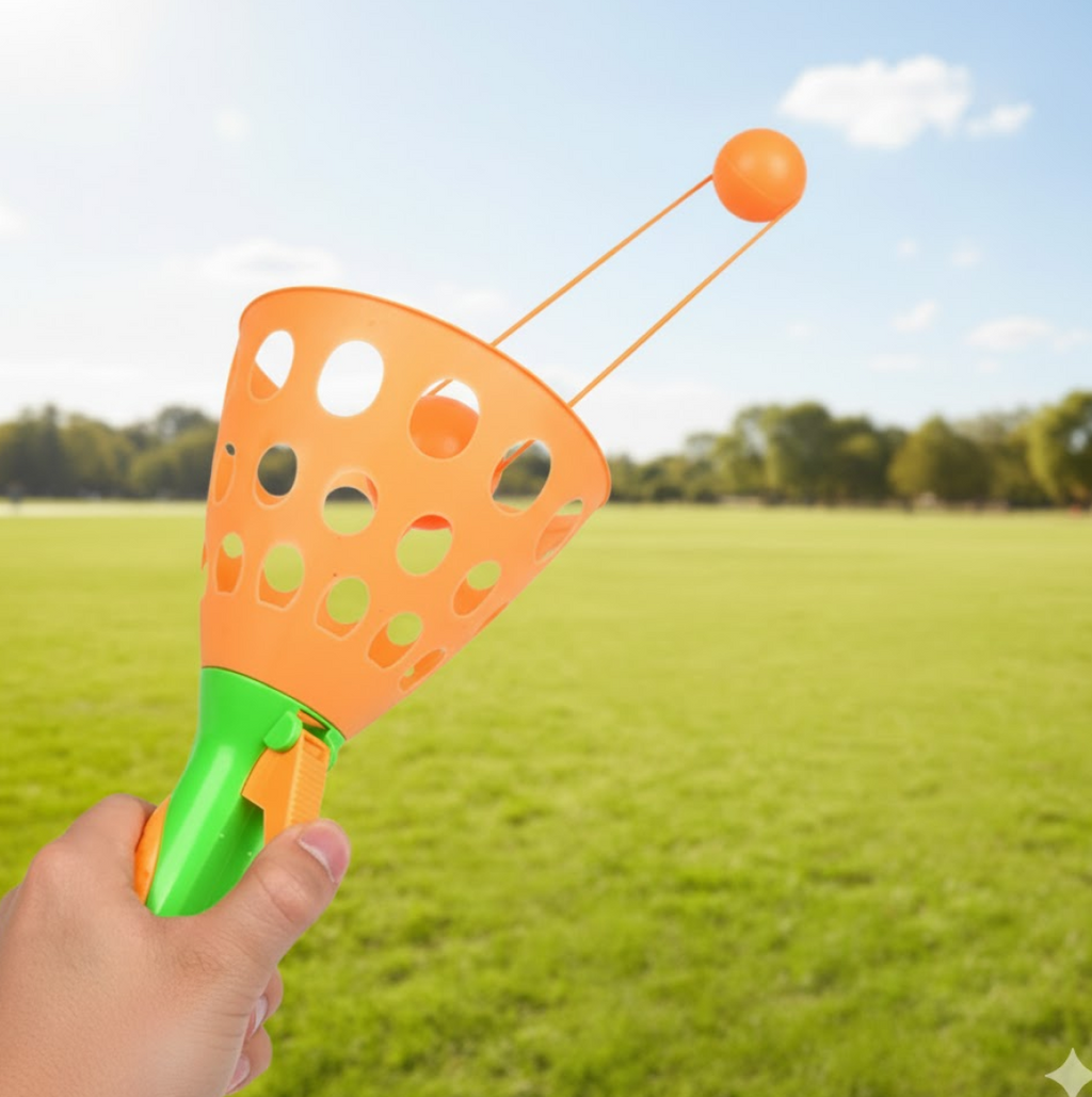 Layout of all parts included in the durable catapult ball toy package.