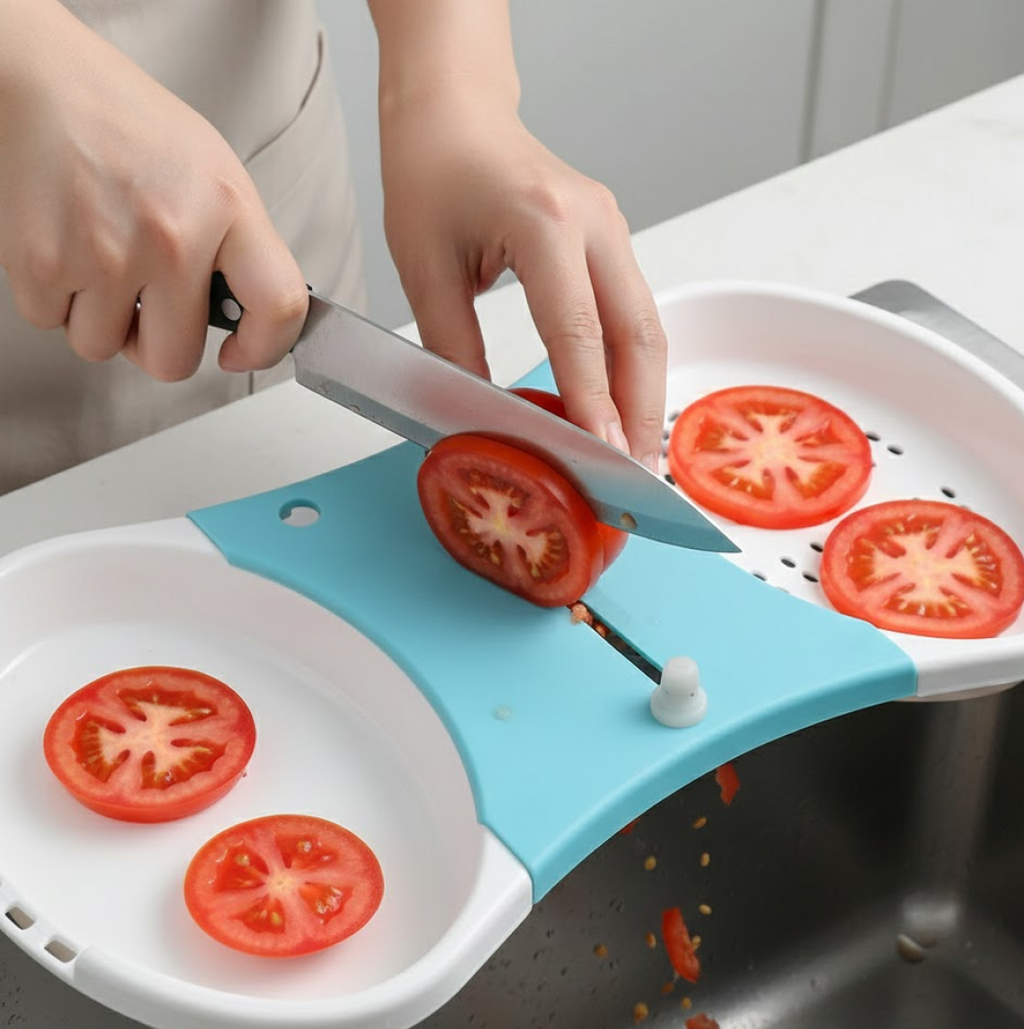 Quickslice vegetable cutter in use, demonstrating simultaneous washing and cutting.
