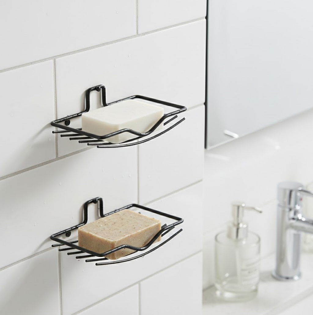 Back view of a single wall mount soap rack showing the adhesive for no-drill installation.
