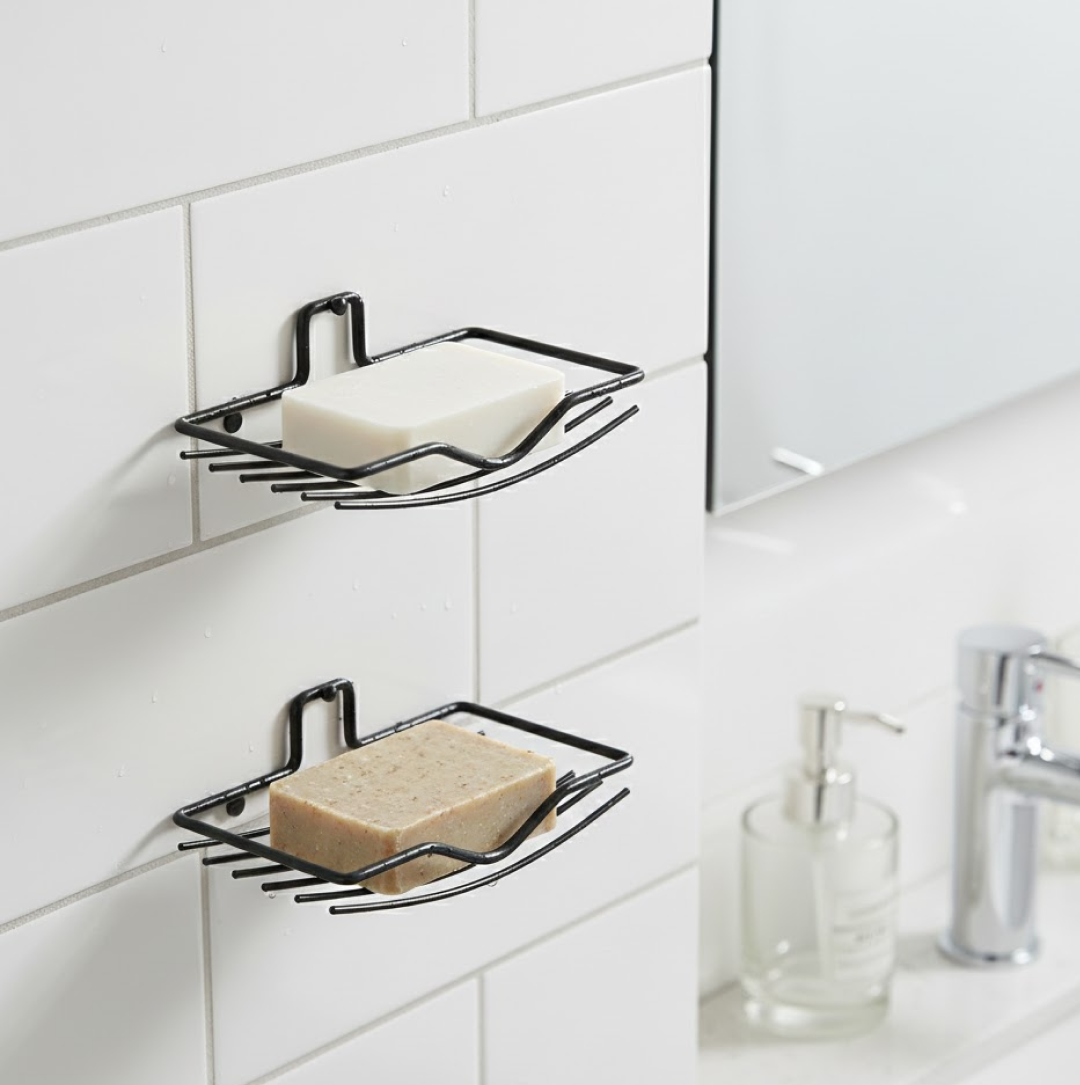 Back view of a single wall mount soap rack showing the adhesive for no-drill installation.