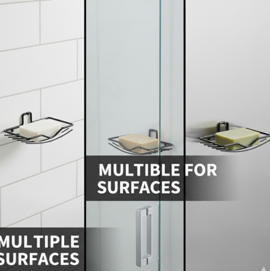 Angled view of the VelvetBubbles wall mount soap rack, highlighting its sleek design.