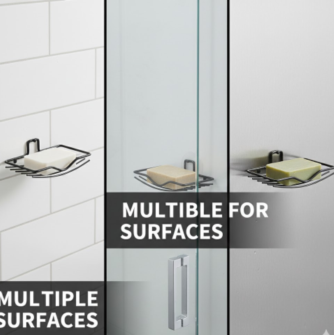 Angled view of the VelvetBubbles wall mount soap rack, highlighting its sleek design.