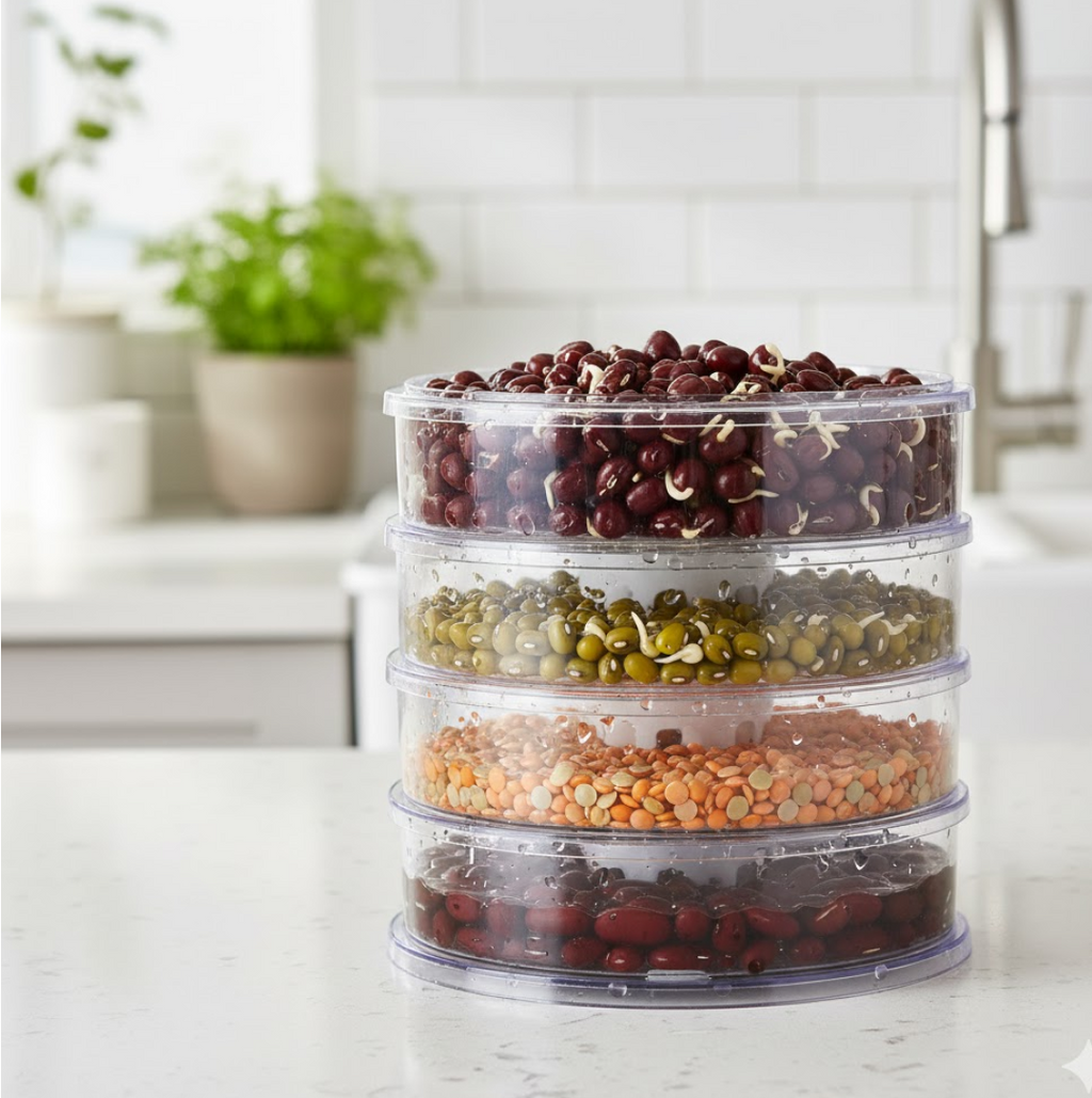 Front view of the Storenzo Sprout Maker 4 Layer, showcasing its clear design.