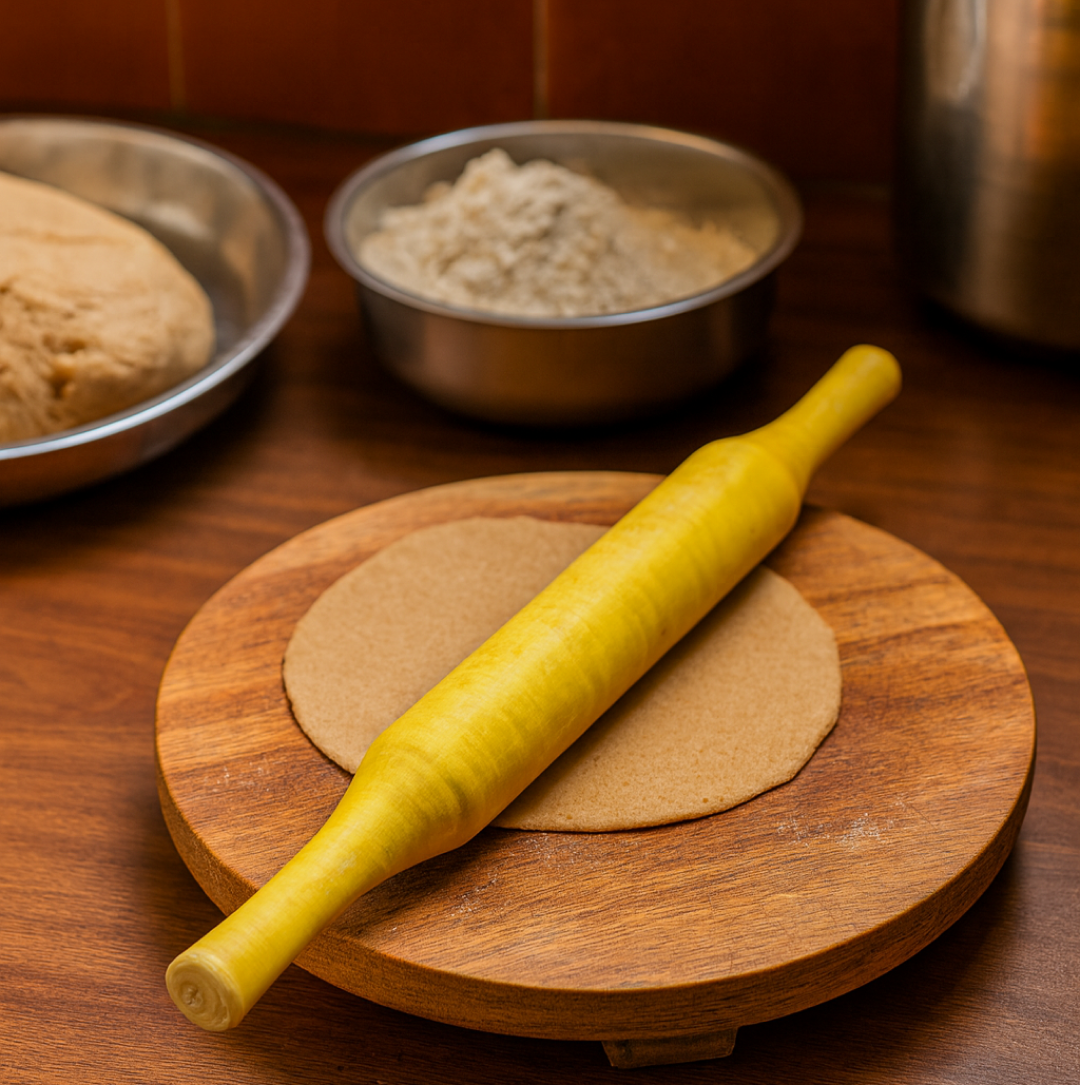 Side view of the ergonomic wooden Bombay belan, a comfortable kitchen tool.