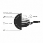 Technical drawing of the fry pan's even heat distribution and ergonomic handle.