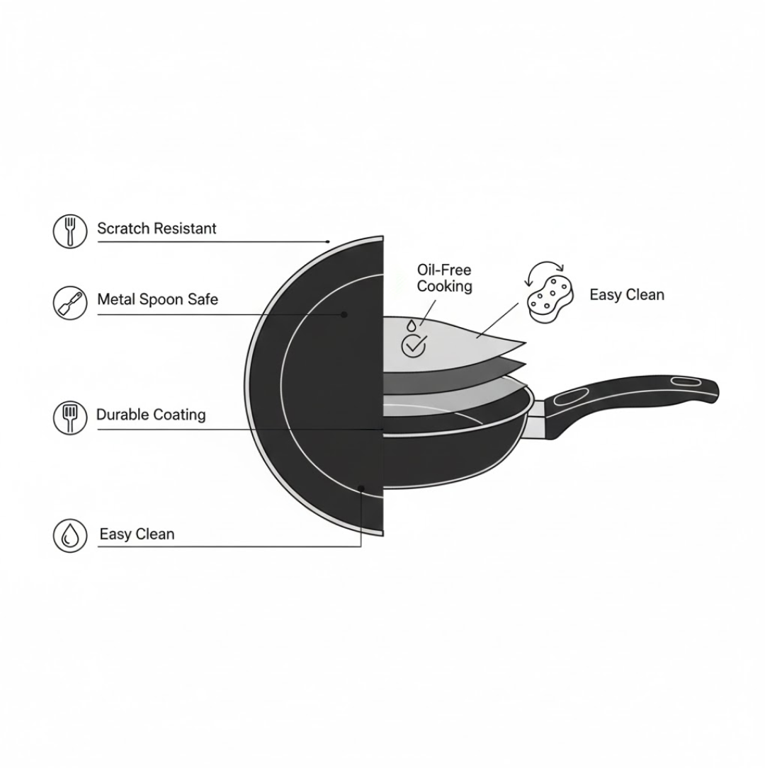 Technical drawing of the fry pan's even heat distribution and ergonomic handle.
