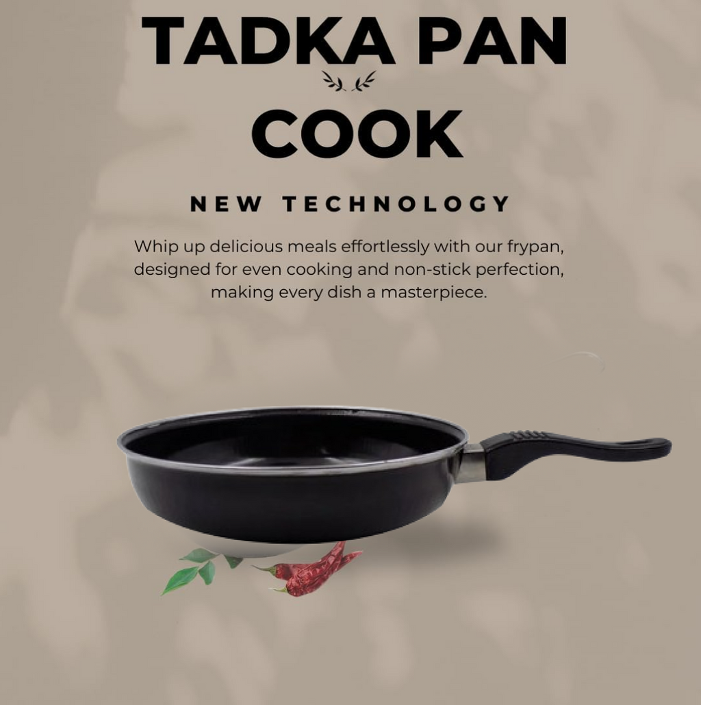 Infographic showing key features of the nonstick tadka fry pan.