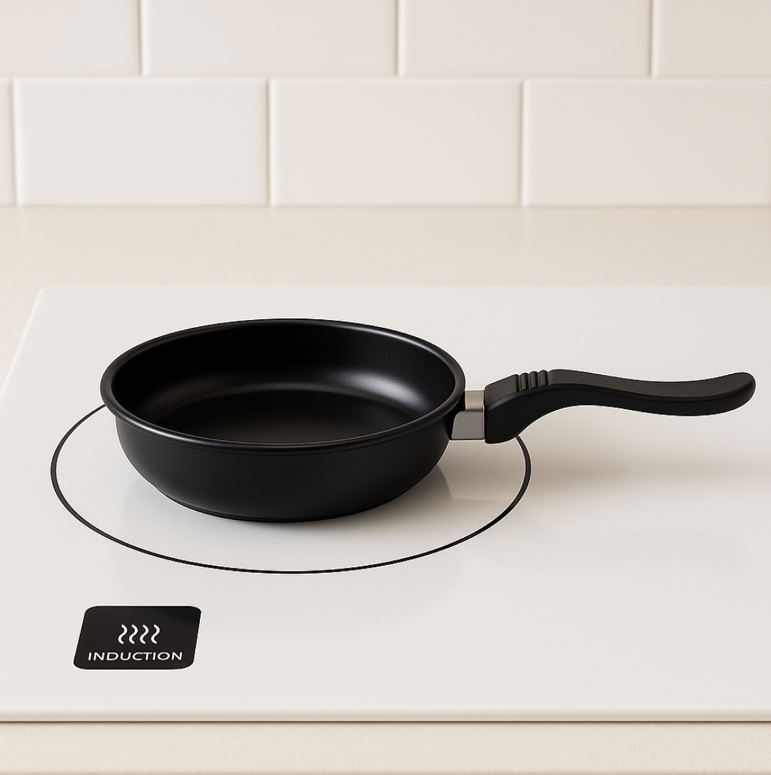 Illustration of the easy-clean, dishwasher-safe design of the hard anodized pan.