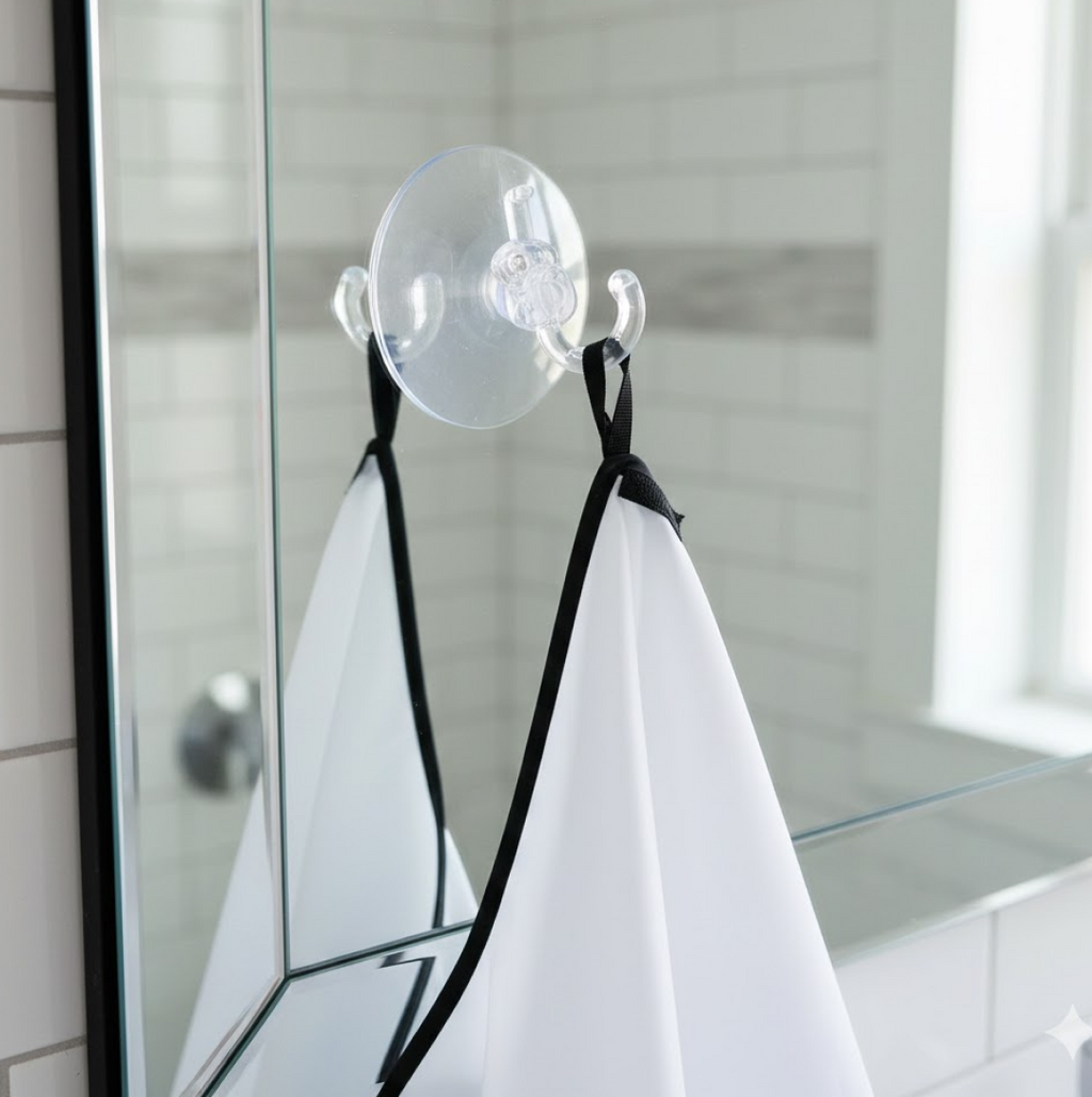 Detail of the strong suction cups used to secure the beard apron to a mirror.