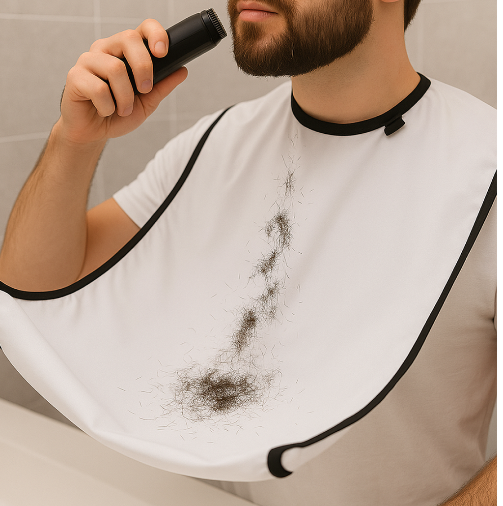 Instructional graphic on how to dispose of hair clippings from the beard apron.