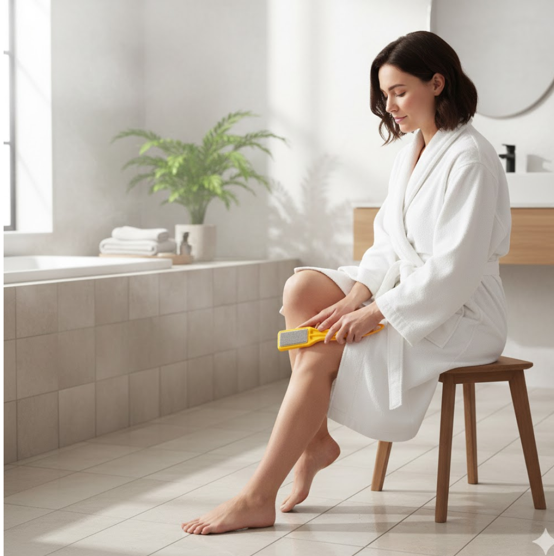 Visual guide detailing the easy usage steps for the foot scrubber.