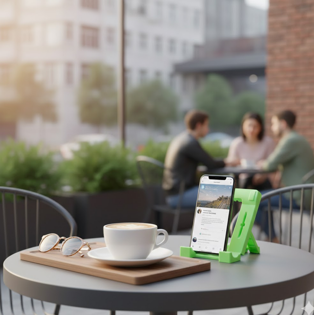 Black foldable mobile stand neatly collapsed for easy storage and travel.