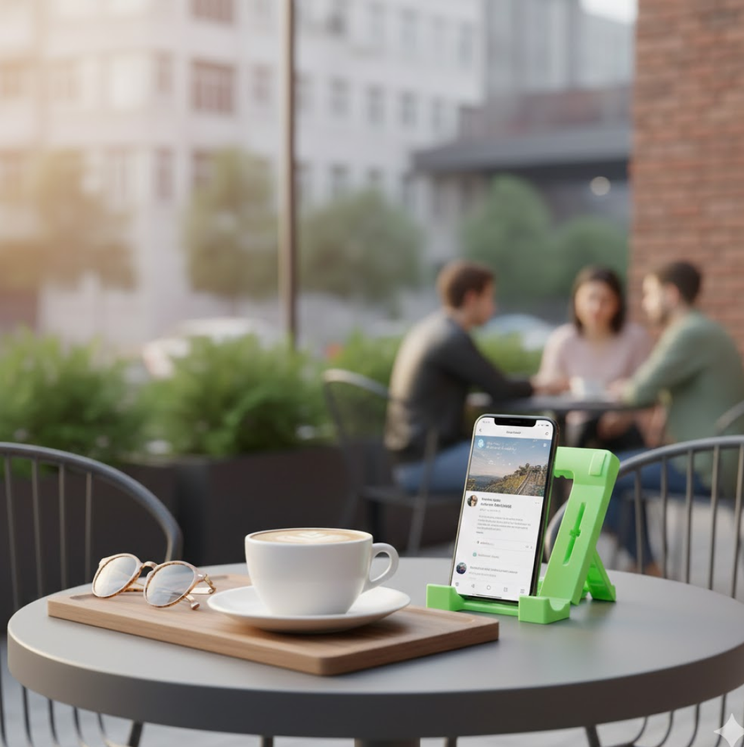 Black foldable mobile stand neatly collapsed for easy storage and travel.