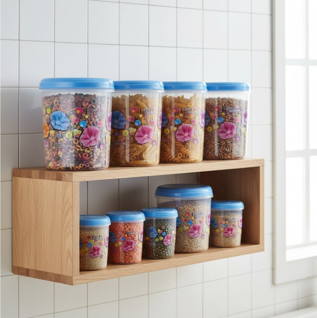 Illustration detailing the durable plastic construction of the food storage containers.