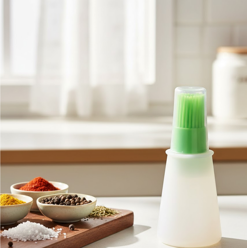 Silicone oil dispenser brush applying oil evenly on a hot cooking pan.