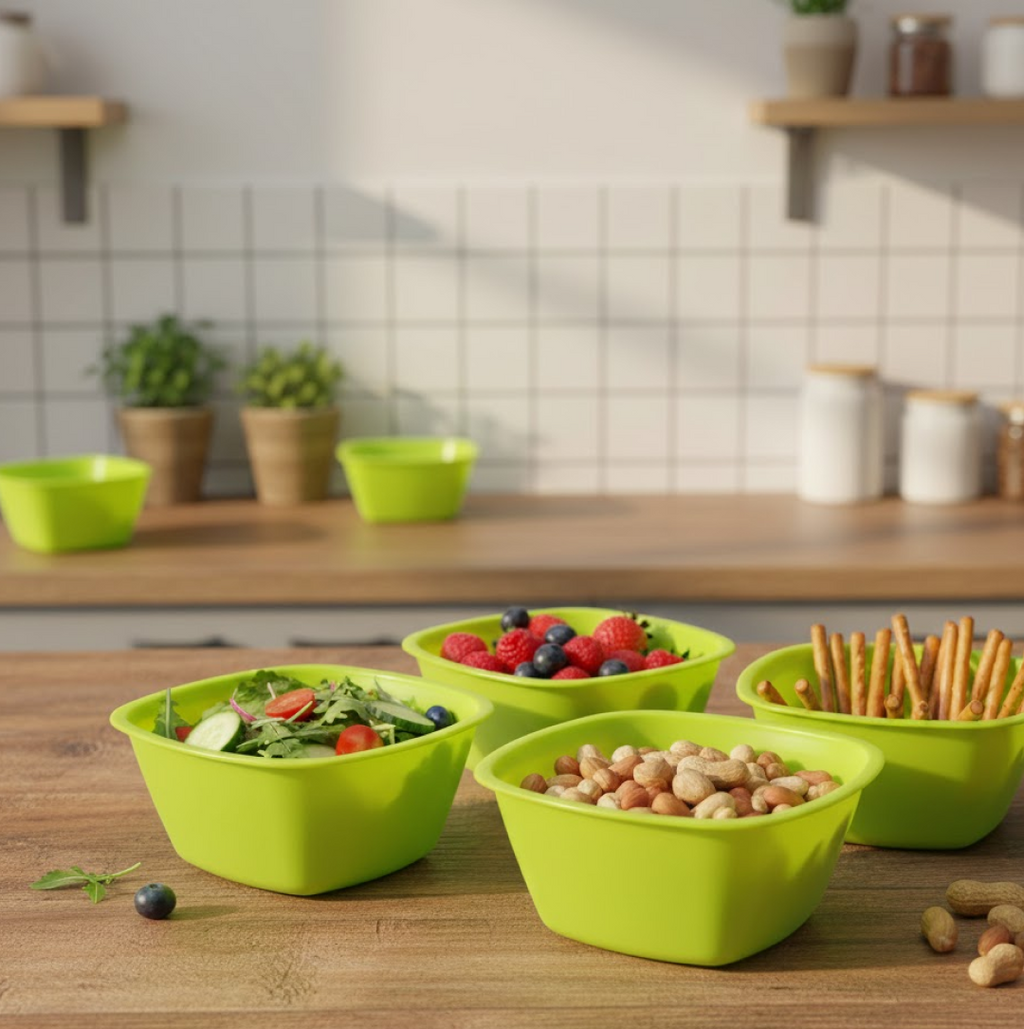 A vibrant set of four square plastic serving bowls in various colours.