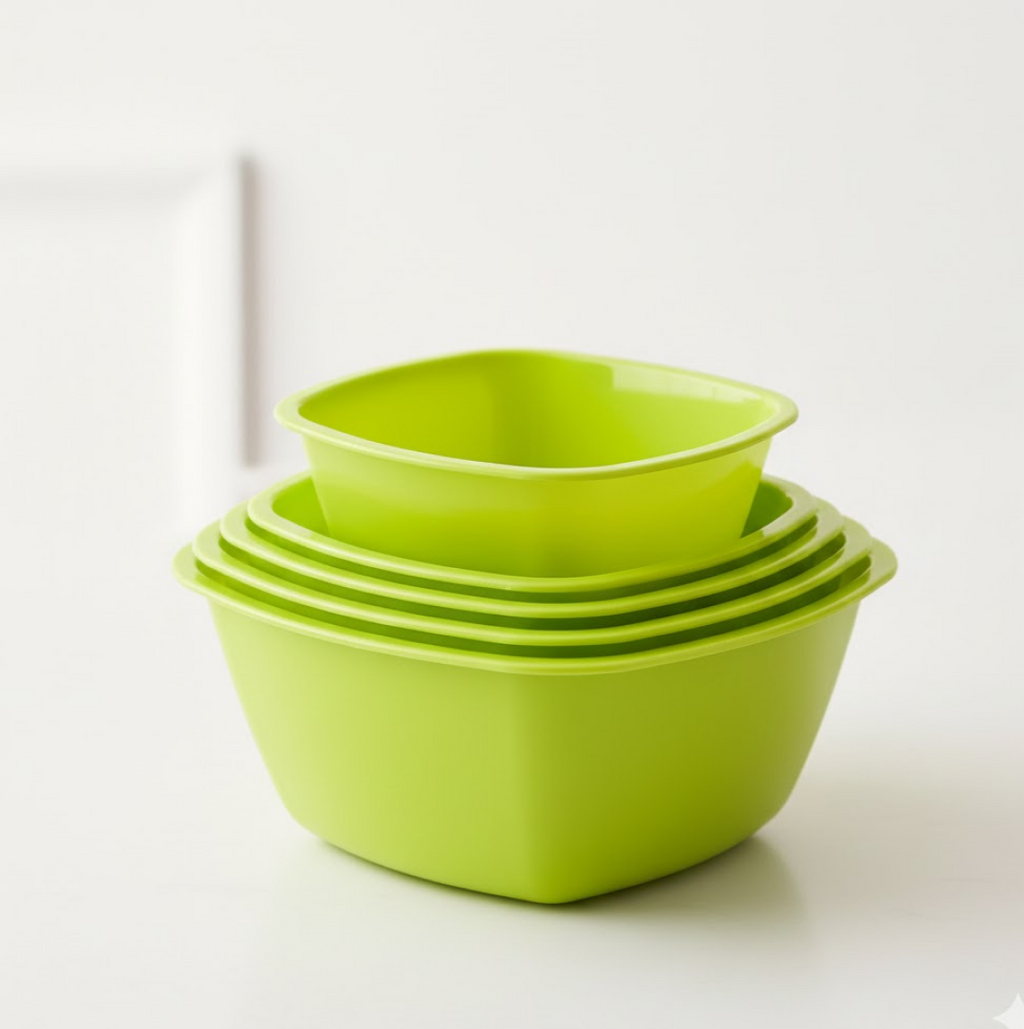 Colorful square plastic bowls, perfect for small servings or snacks.