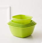 Colorful square plastic bowls, perfect for small servings or snacks.