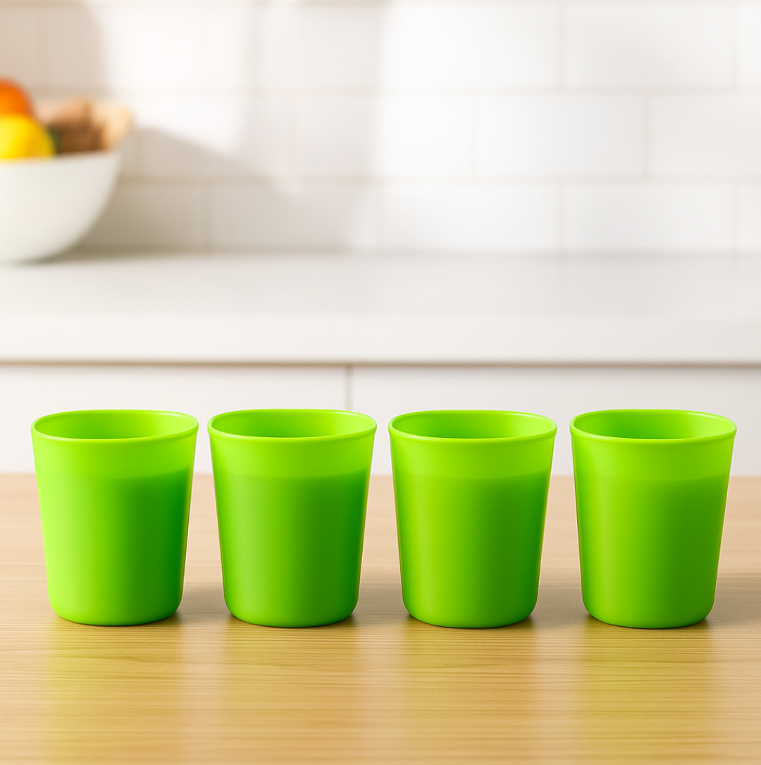 Infographic detailing the specifications of the plastic glass set.