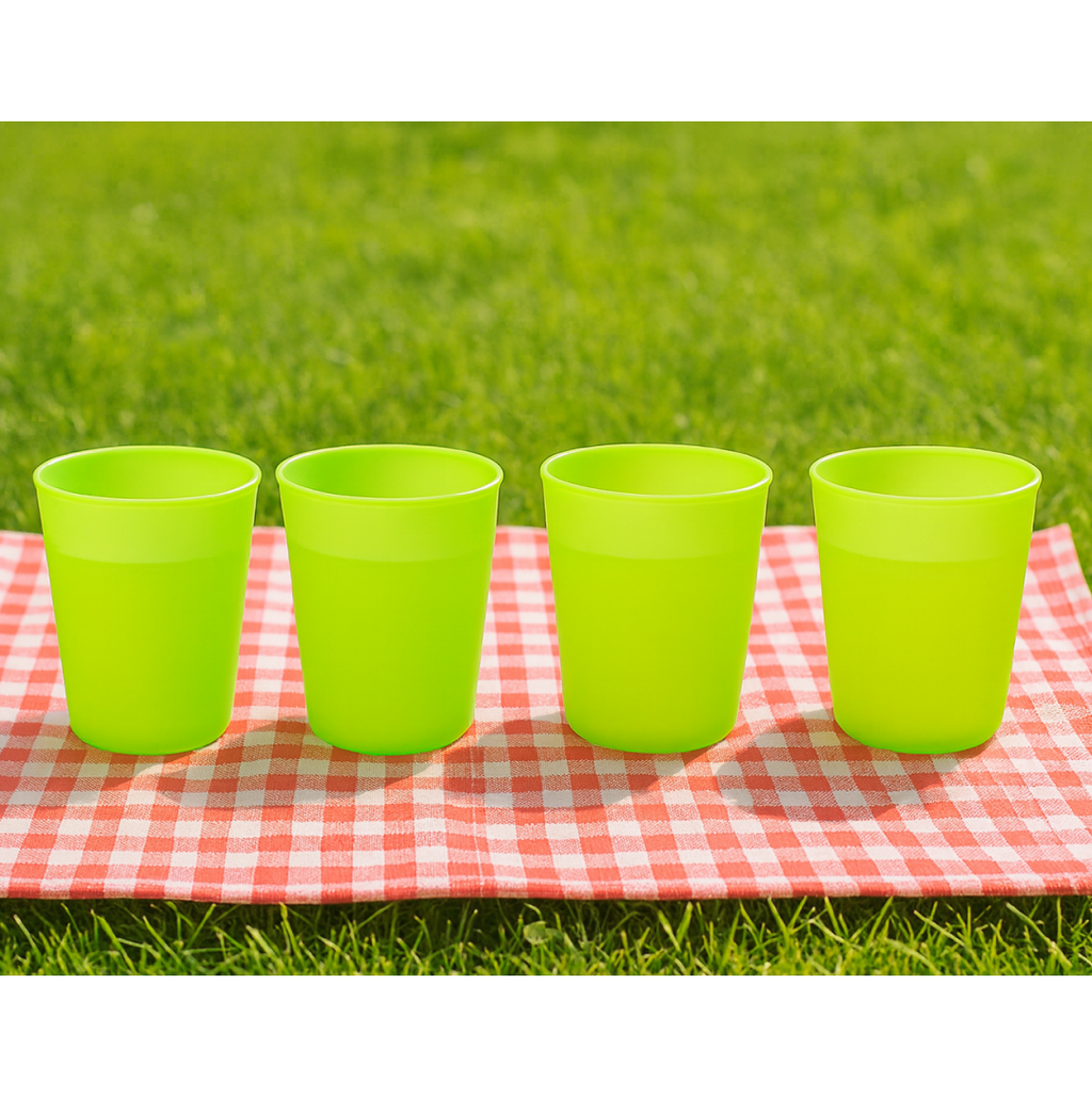 Material specifications sheet for the durable plastic drinking glass set.