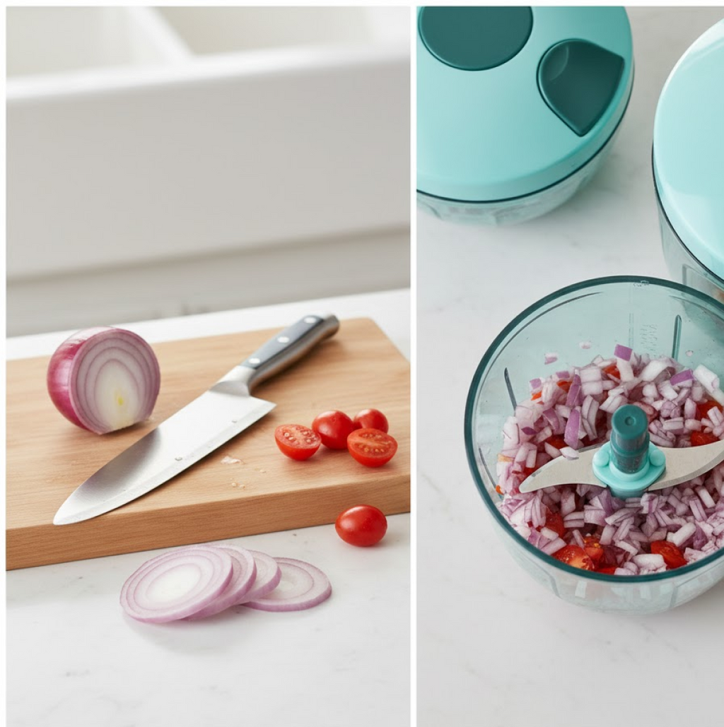 Manual food chopper with transparent bowl filled with chopped onions.