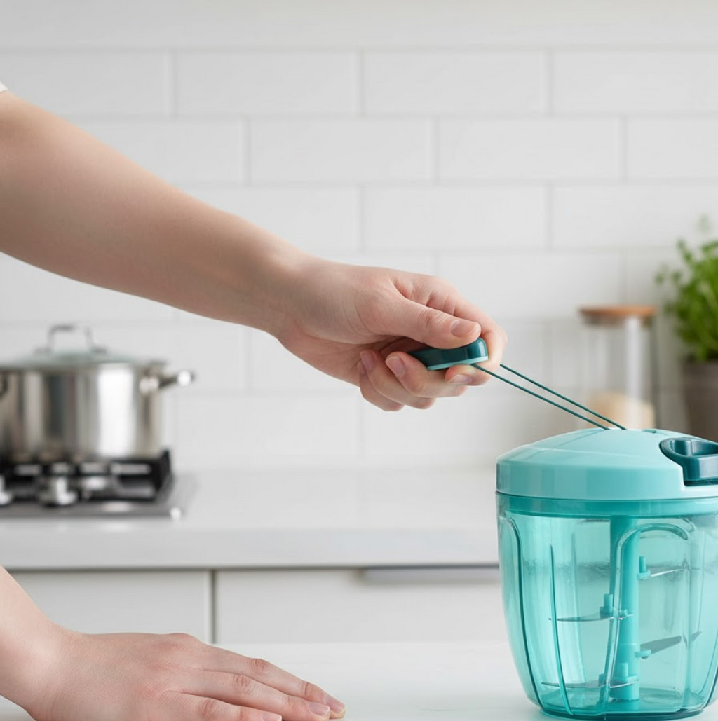 Ergonomic design of the manual food chopper, ready for use.