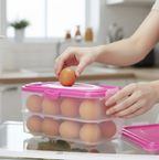 Side profile of the double layer egg storage box highlighting its portable handle.