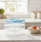 Clear plastic egg organizer filled with eggs, ready for fridge storage.