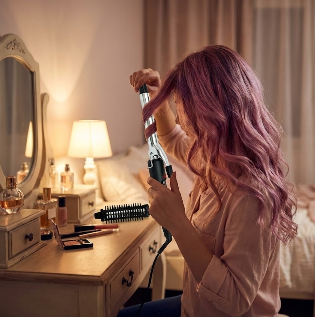 Close-up of the black hair curling iron showing the ergonomic handle.