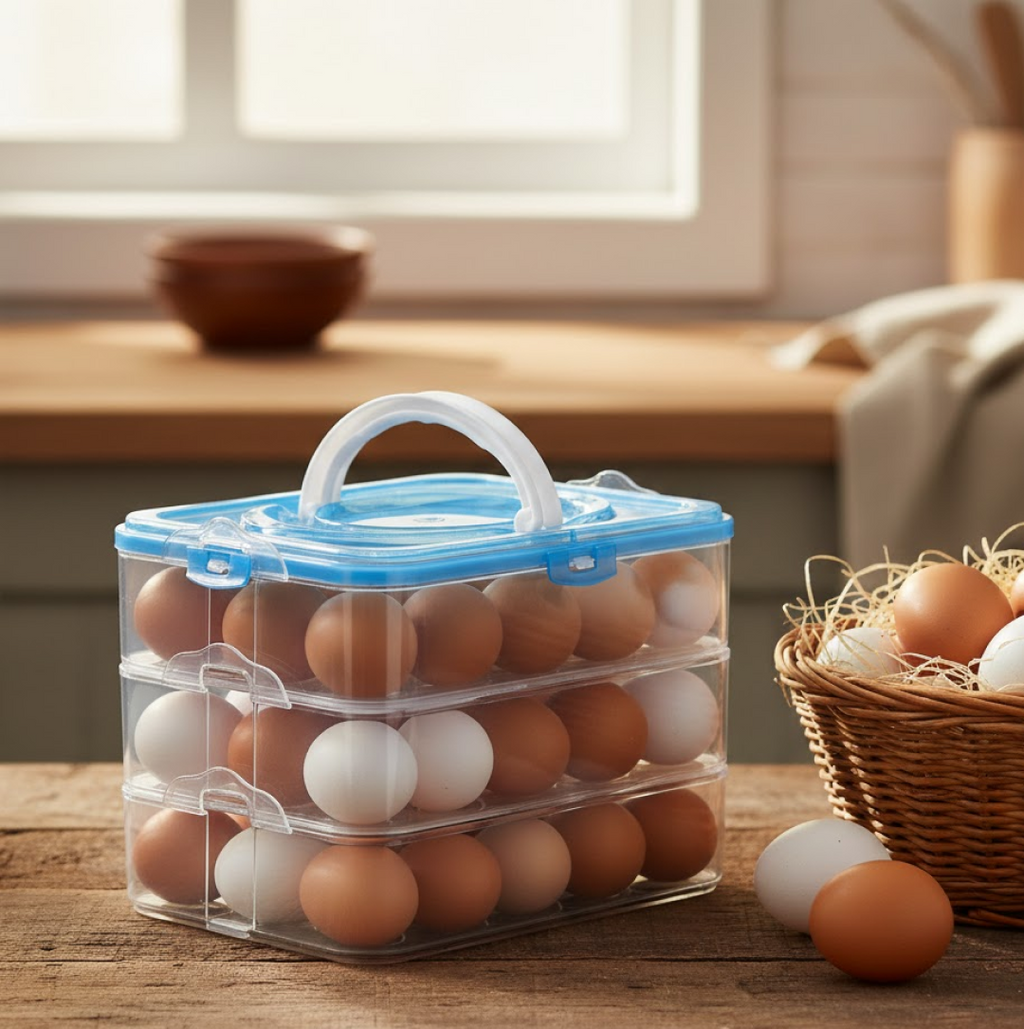 The 3-layer egg storage box neatly placed inside a refrigerator.